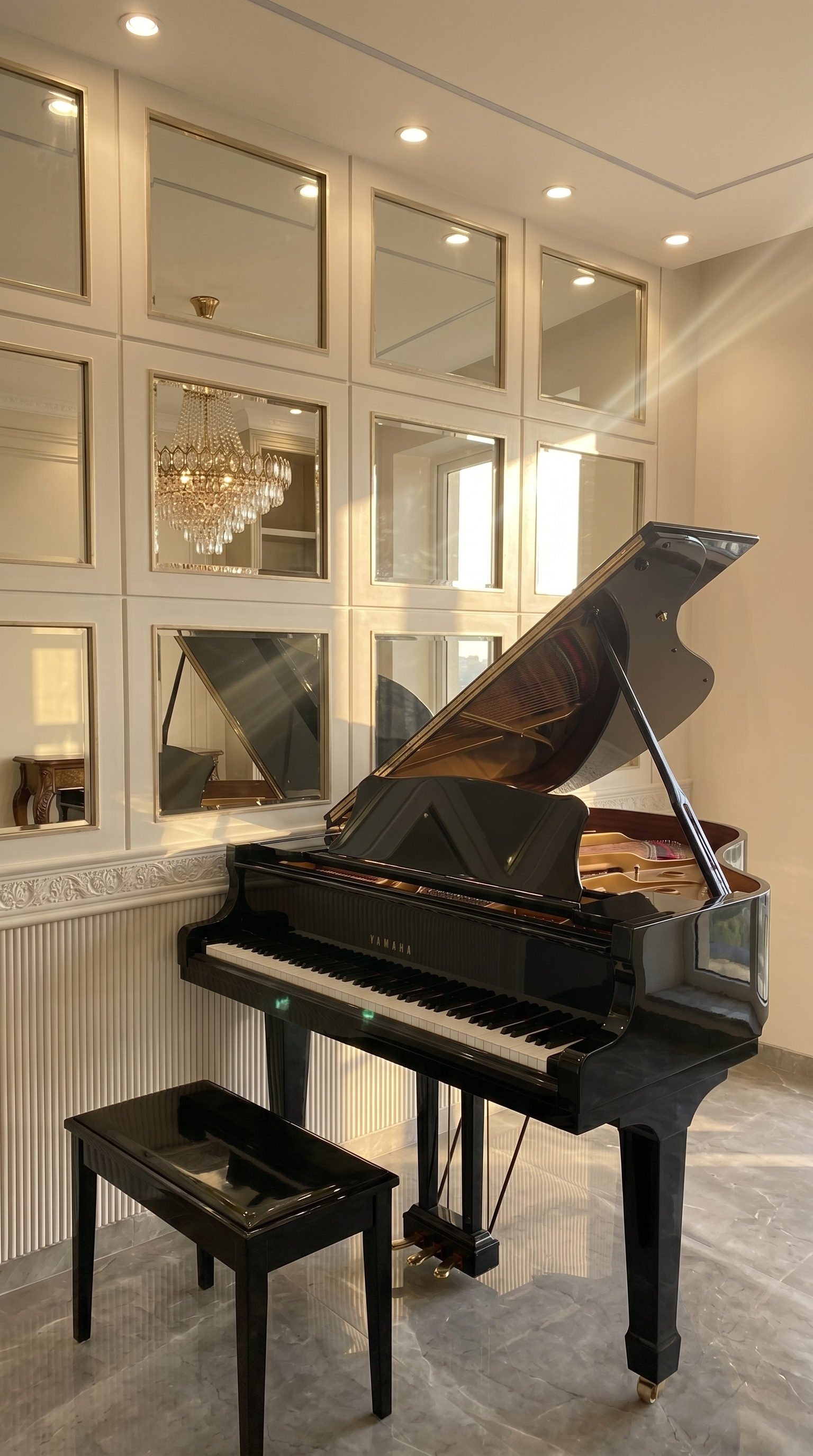 Luxury piano lounge interior with grand piano, marble flooring, bespoke furniture and elegant lighting