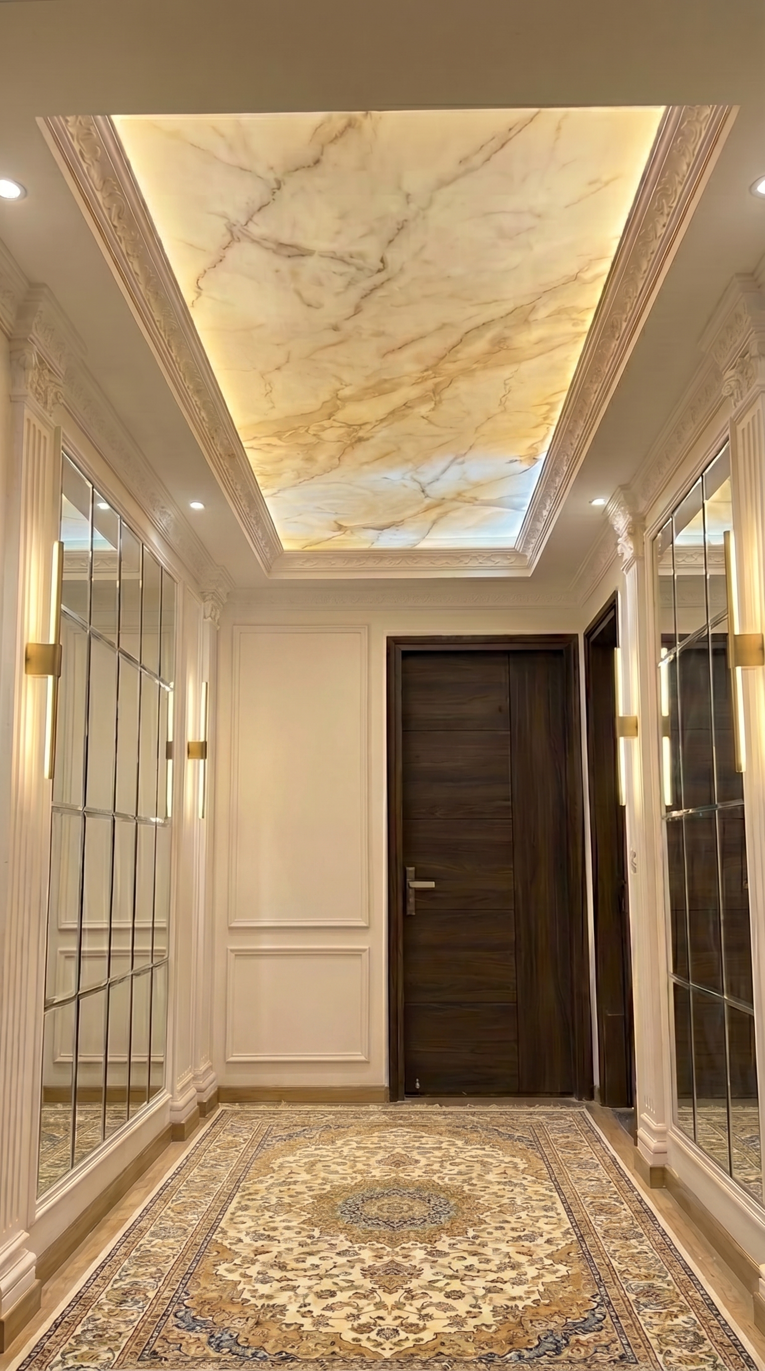 Luxury gallery corridor with classical architecture, premium flooring and decorative lighting
