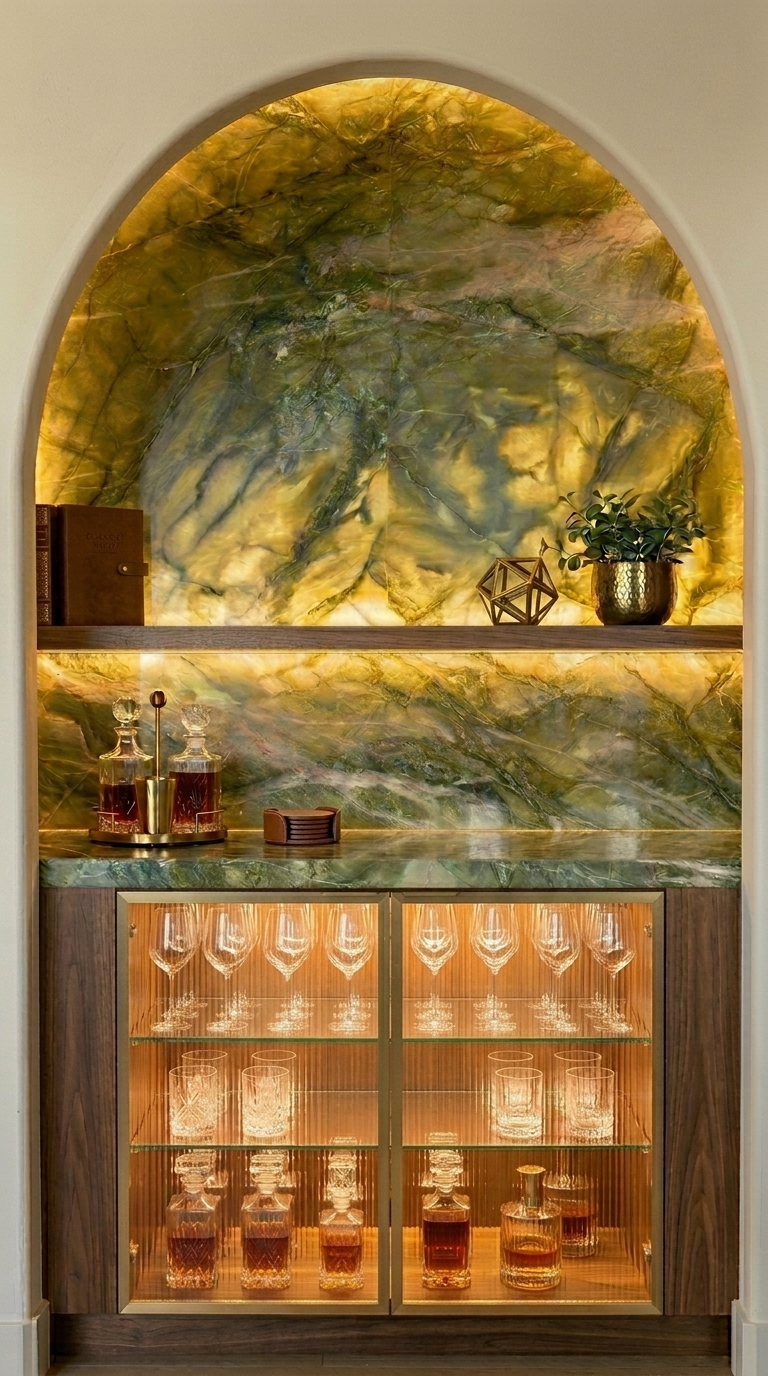 Luxury home bar with illuminated onyx stone, bespoke cabinetry and premium interior finishes