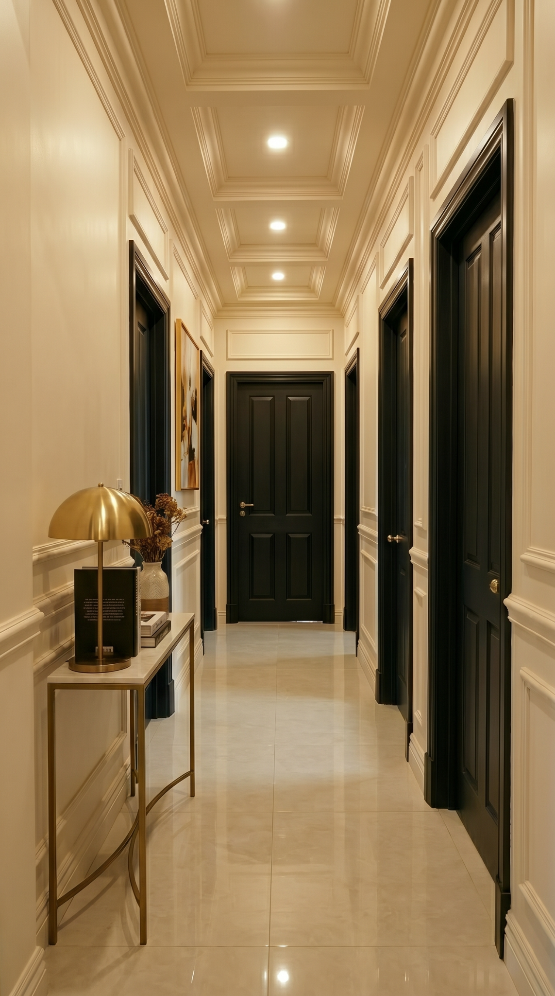 Elegant hallway featuring decorative wall mouldings, black panel doors, warm lighting and polished flooring.